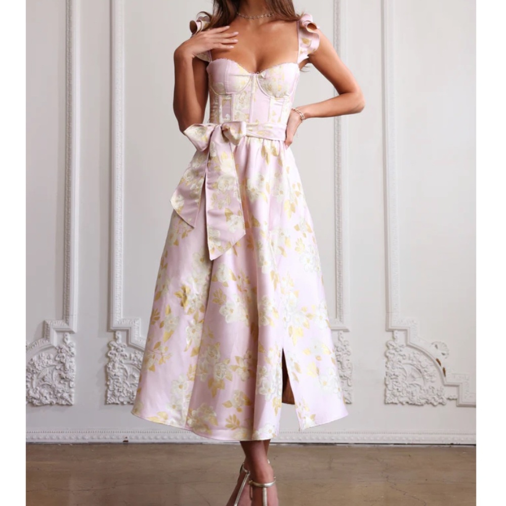 V. CHAPMAN VERA RUFFLE-STRAP CORSET SIDE-SLIT MIDI DRESS
